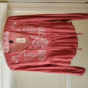 NWT Forever 21 Embroidered Long Sleeve Boho Dusty Rose Top